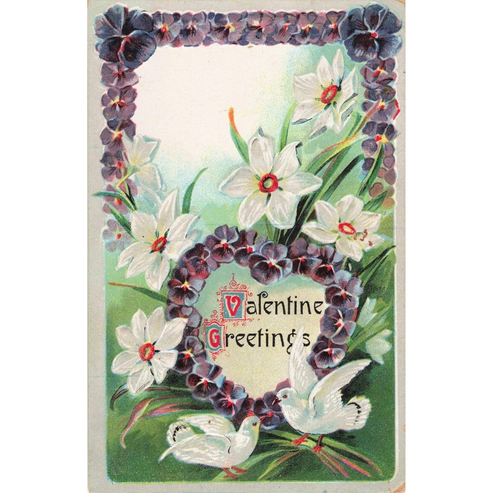 Antique 1912 Valentine Greetings Postcard RPPC Embossed Pansy Doves Saxony - Picture 1 of 2